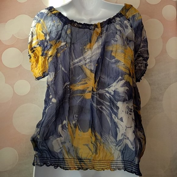 CALVIN KLEIN blue yellow chiffon underlay top blouse S - Picture 6 of 6